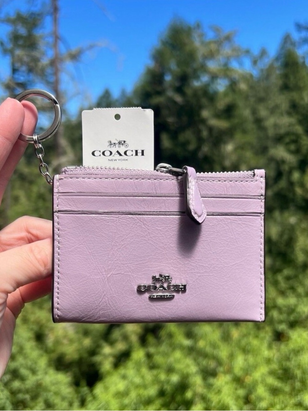 COACH Mini Skinny ID Case Cardholder Keychain Wallet Purple with Silver NWT